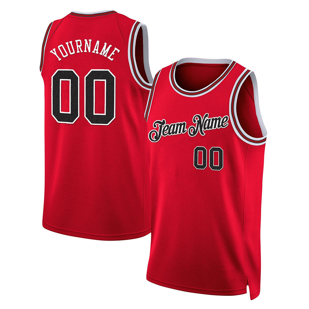 Angled view of Custom Red Black-Red Throwback Basketball Jersey – Designed By Athletrio