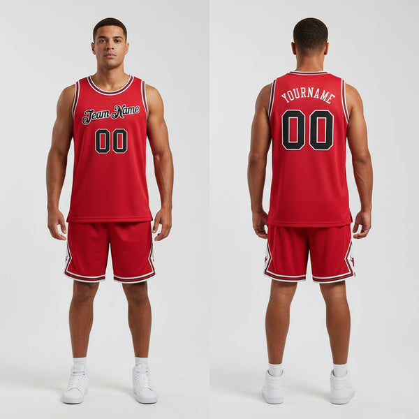 Front and back view of Custom Red Black-Red Throwback Basketball Jersey with Personalized Name and Number – Athletrio
