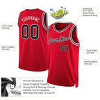 Product details of Custom Red Black-Red Throwback Basketball Jersey showing stitched logos, fabric and customization options By Athletrio