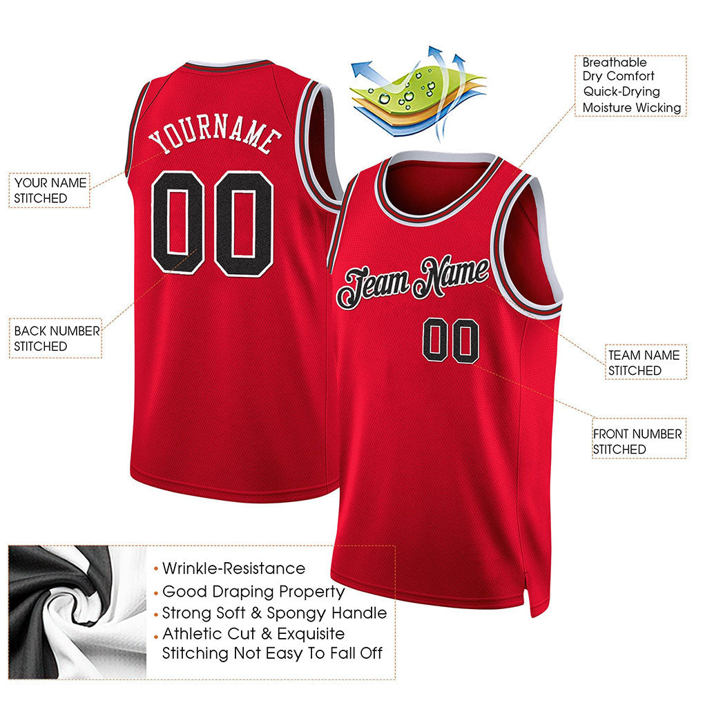 Product details of Custom Red Black-Red Throwback Basketball Jersey showing stitched logos, fabric and customization options By Athletrio