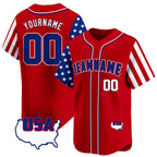 Angled view of Custom Red Royal-White American Map Baseball Jersey – Designed By Athletrio