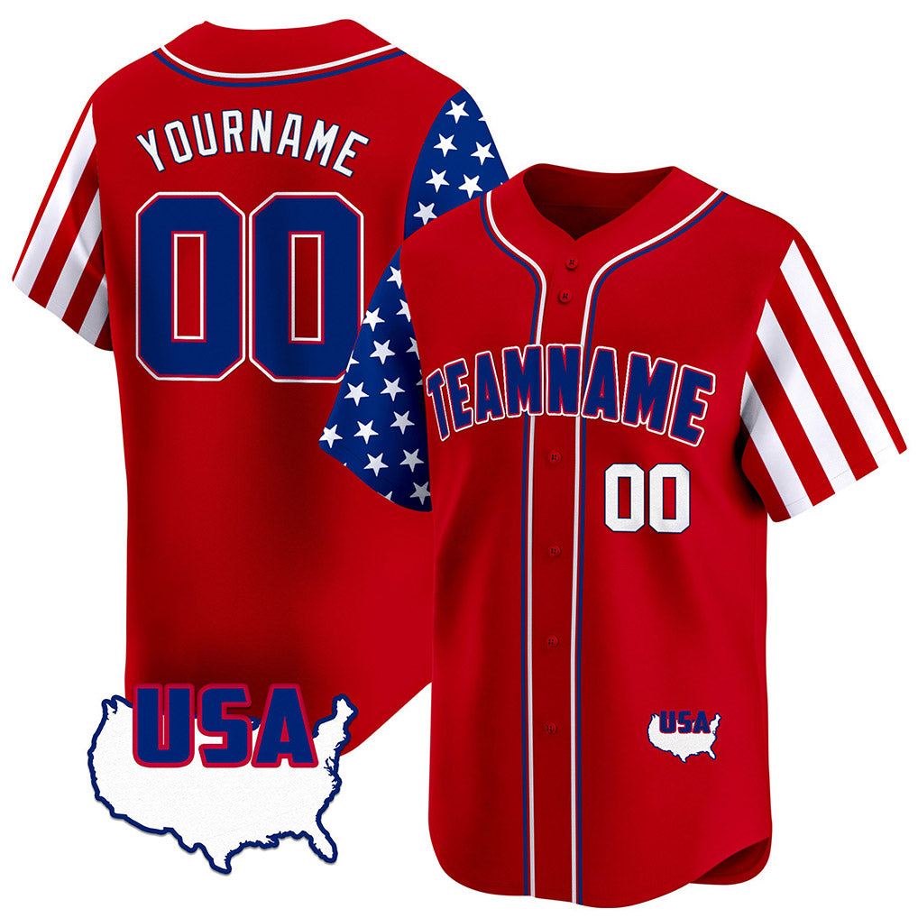 Angled view of Custom Red Royal-White American Map Baseball Jersey – Designed By Athletrio