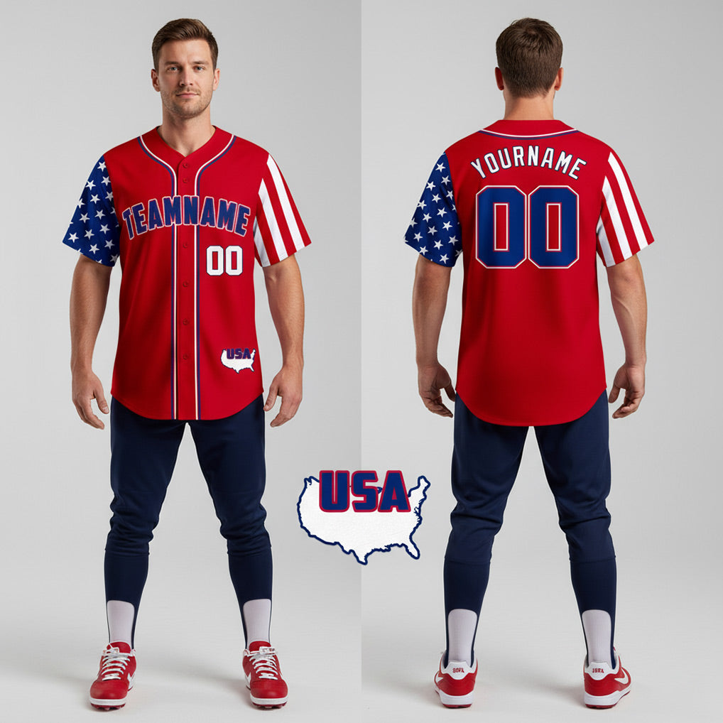 Front and back view of Custom Red Royal-White American Map Baseball Jersey with Personalized Name and Number – Athletrio