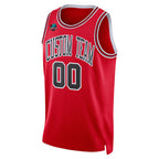 Close-up detail of Custom Red Swingman Basketball Jersey Neckline Made By Athletrio