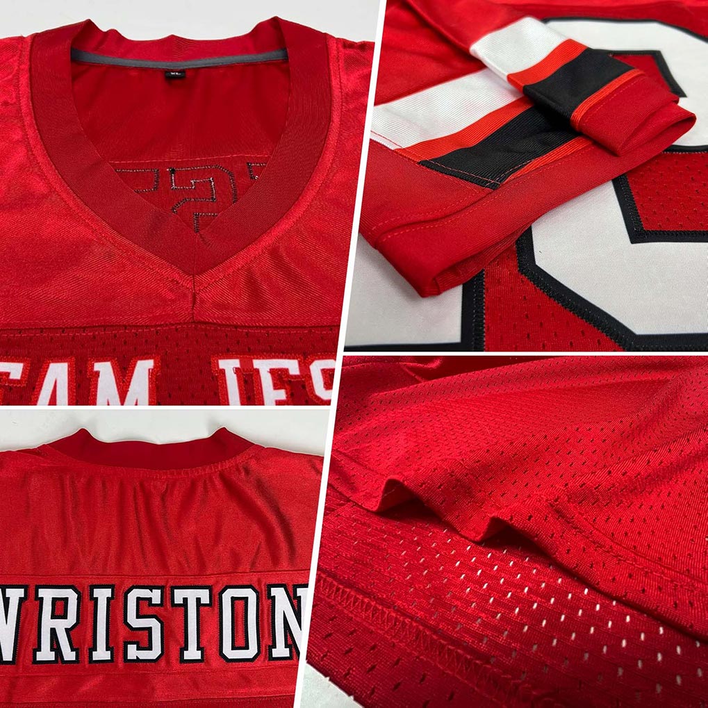 Product details stitched of Custom Red White-Black Mesh Football Jersey showing stitched logos, fabric and customization options By Athletrio