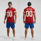 Front and back view of Custom Red White-Gold Mesh Football Jersey with Personalized Name and Number – Athletrio