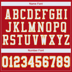 Player name and number font options for Custom Red White-Gold Mesh Football Jersey