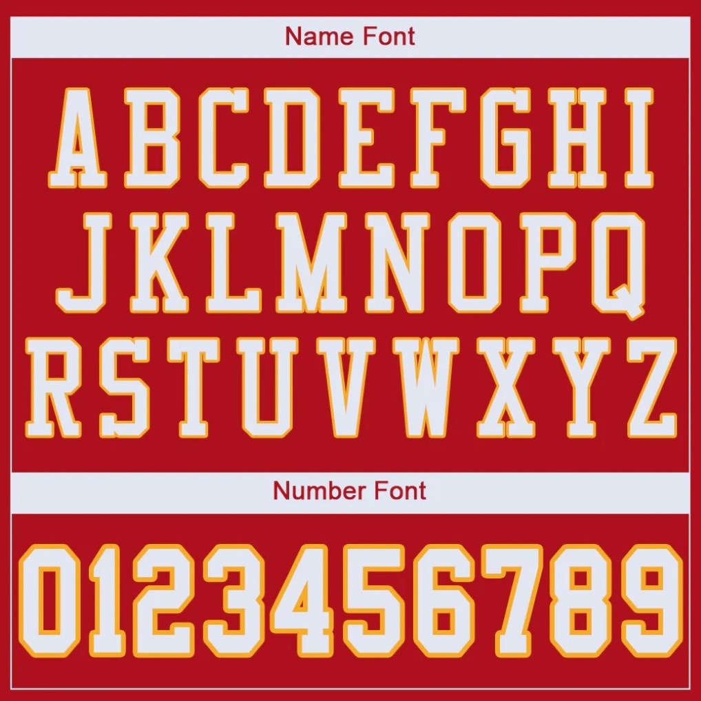 Player name and number font options for Custom Red White-Gold Mesh Football Jersey