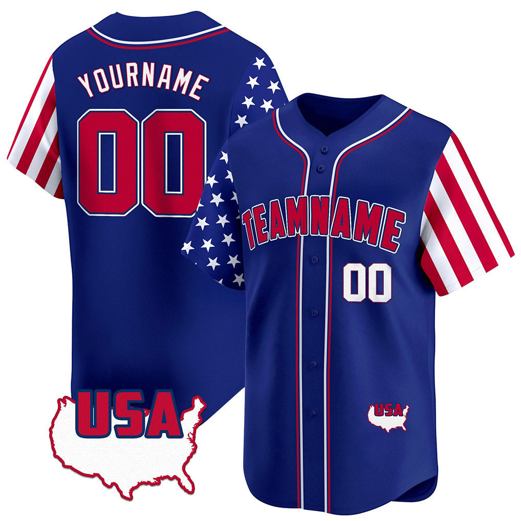 Angled view of Custom Royal Red-White American Map Baseball Jersey – Designed By Athletrio