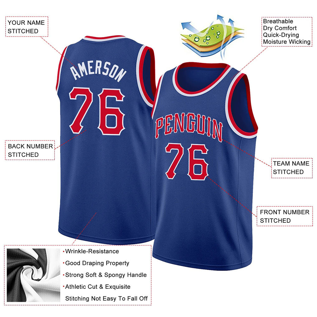 Product details of Custom Royal Red-White Basketball Jersey showing stitched logos, fabric and customization options By Athletrio