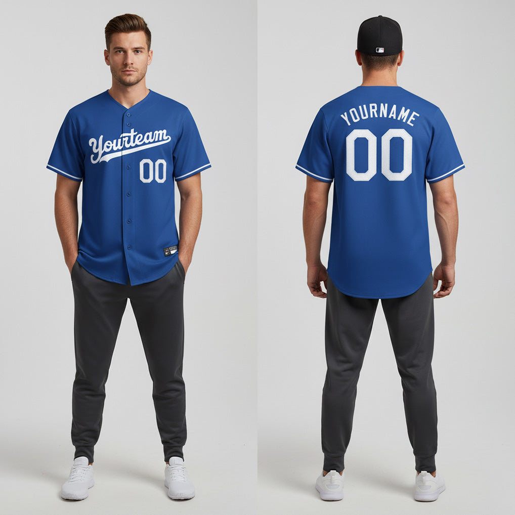 Front and back view of Custom Royal-White Baseball Jersey with Personalized Name and Number – Athletrio