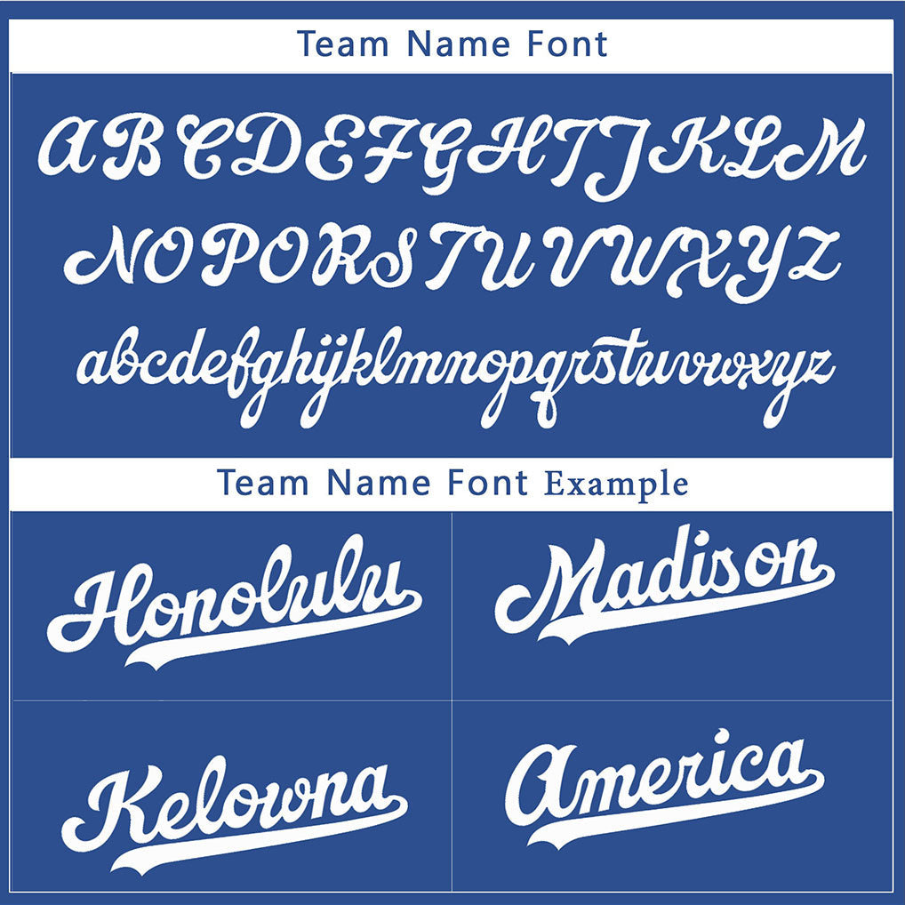 Team name font options for Custom Royal-White Baseball Jersey