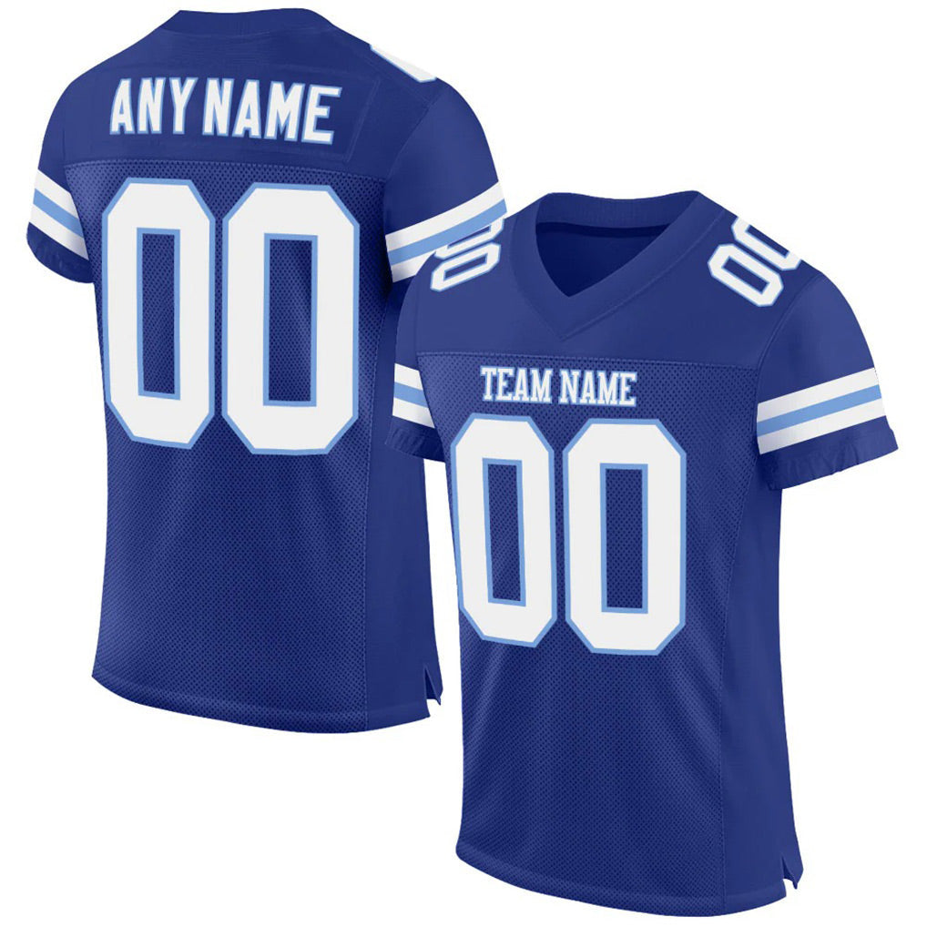 Angled view of Custom Royal White-Light Blue Mesh Football Jersey – Designed By Athletrio