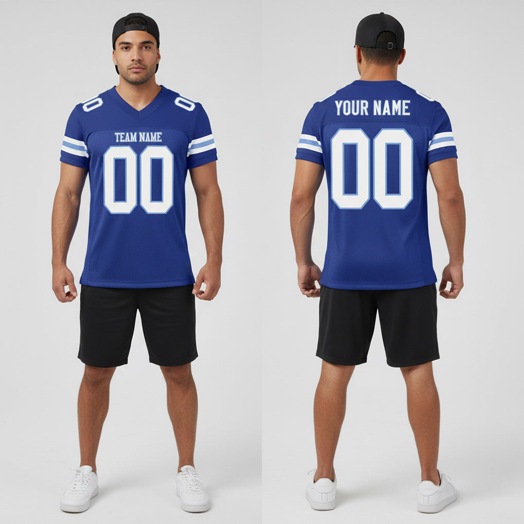 Front and back view of Custom Royal White-Light Blue Mesh Football Jersey with Personalized Name and Number – Athletrio