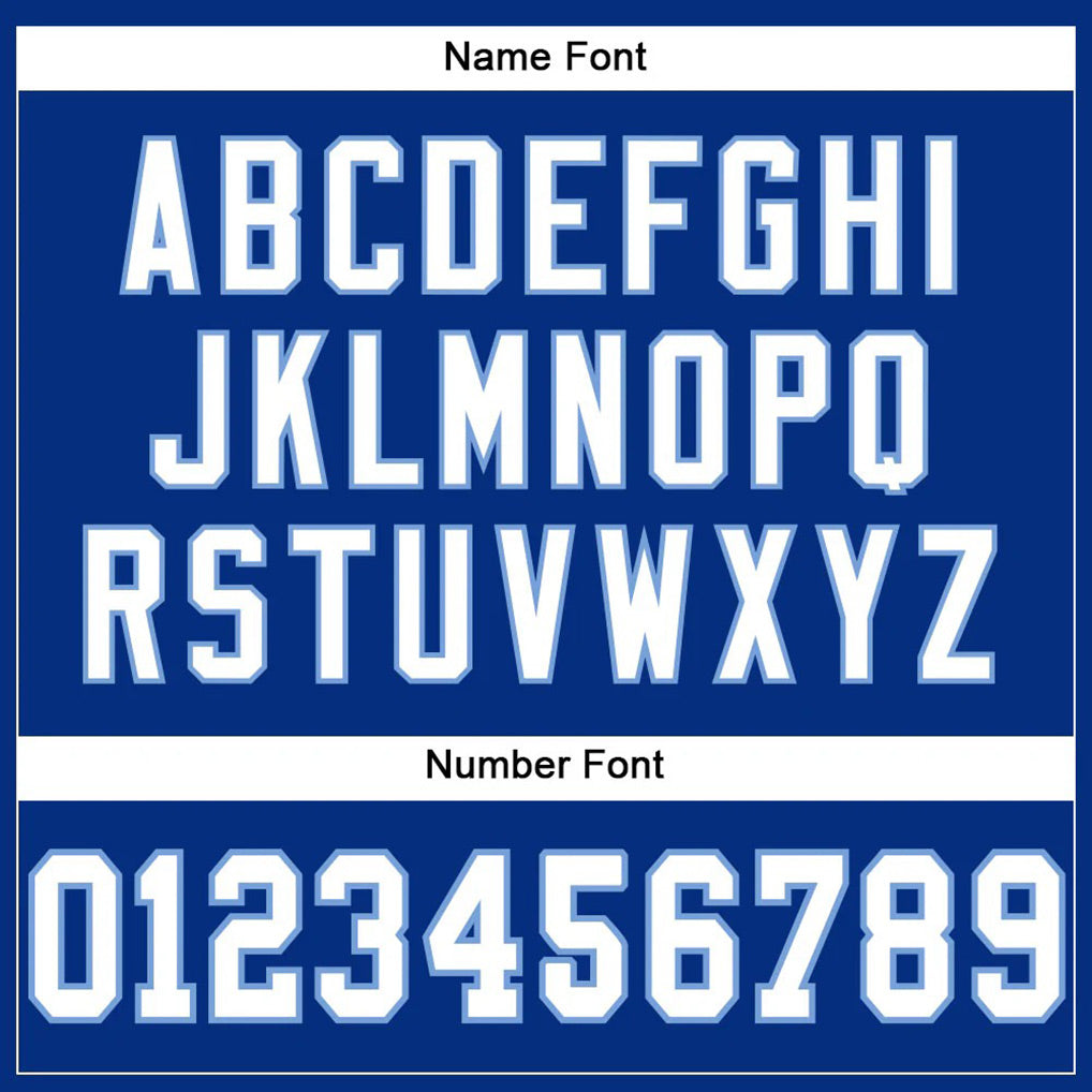 Player name and number font options for Custom Royal White-Light Blue Mesh Football Jersey