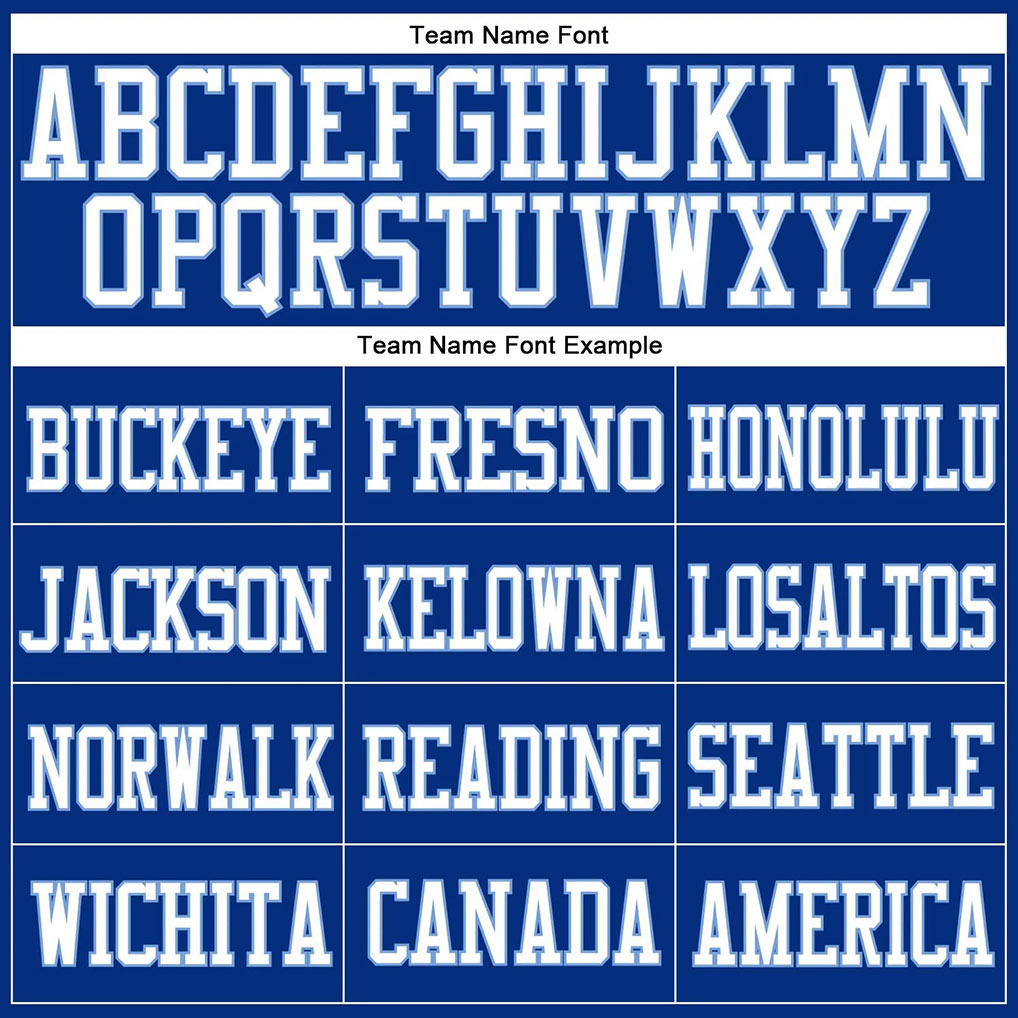 Team name font options for Custom Royal White-Light Blue Mesh Football Jersey
