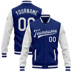 Angled view of Custom Royal White Varsity Letterman Jacket – Designed By Athletrio