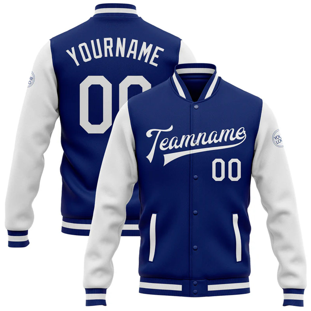 Angled view of Custom Royal White Varsity Letterman Jacket – Designed By Athletrio