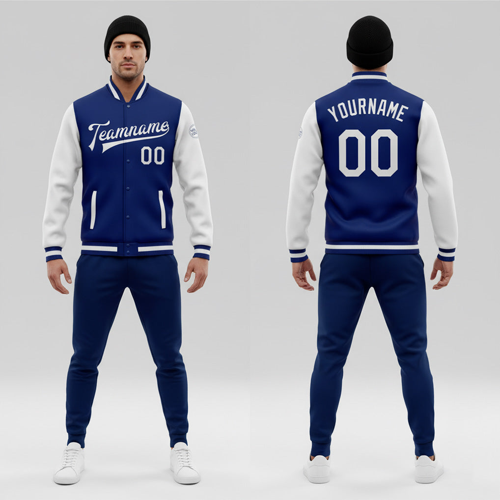 Front and back view of Custom Royal White Varsity Letterman Jacket with Personalized Name and Number – Athletrio