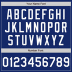 Player name and number font options for Custom Royal White Varsity Letterman Jacket