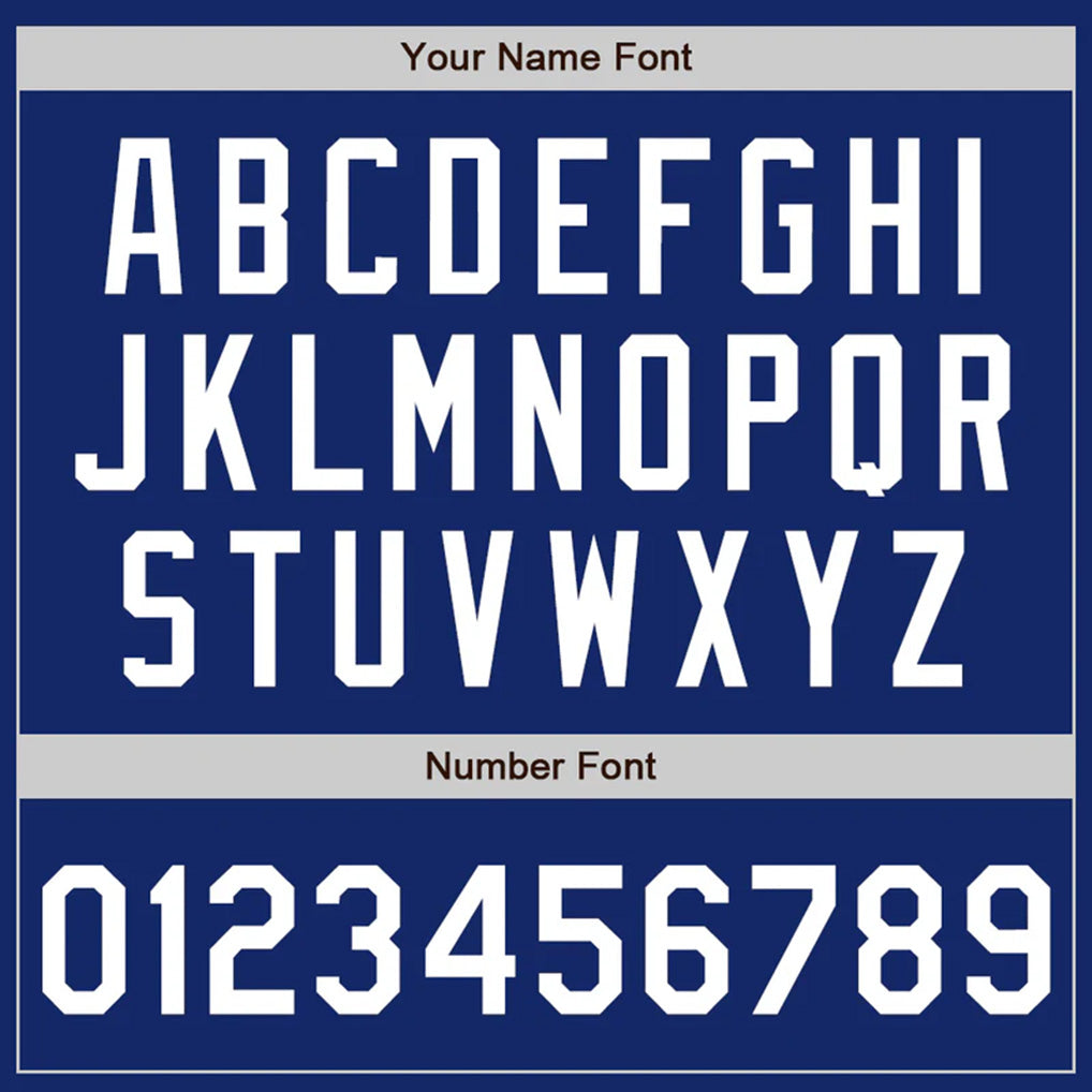 Player name and number font options for Custom Royal White Varsity Letterman Jacket