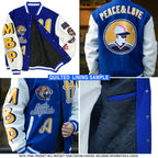 Product details printed of Custom Royal White Varsity Letterman Jacket showing stitched logos, fabric and customization options By Athletrio
