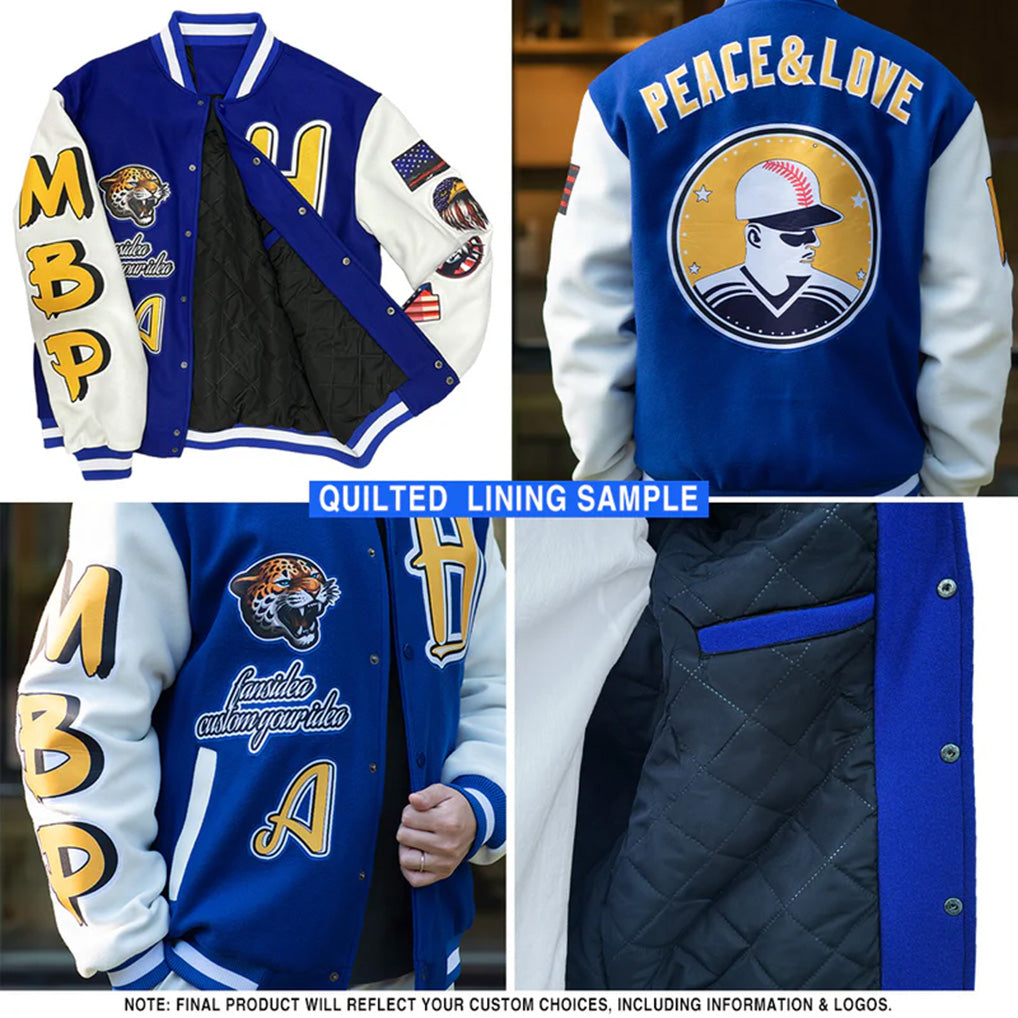 Product details printed of Custom Royal White Varsity Letterman Jacket showing stitched logos, fabric and customization options By Athletrio