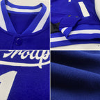 Product details stitched of Custom Royal White Varsity Letterman Jacket showing stitched logos, fabric and customization options By Athletrio