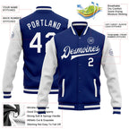 Product details of Custom Royal White Varsity Letterman Jacket showing stitched logos, fabric and customization options By Athletrio