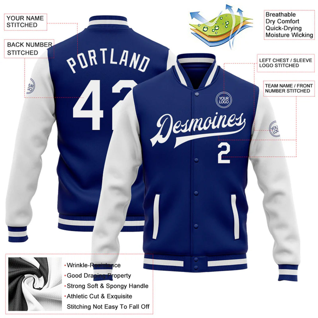 Product details of Custom Royal White Varsity Letterman Jacket showing stitched logos, fabric and customization options By Athletrio