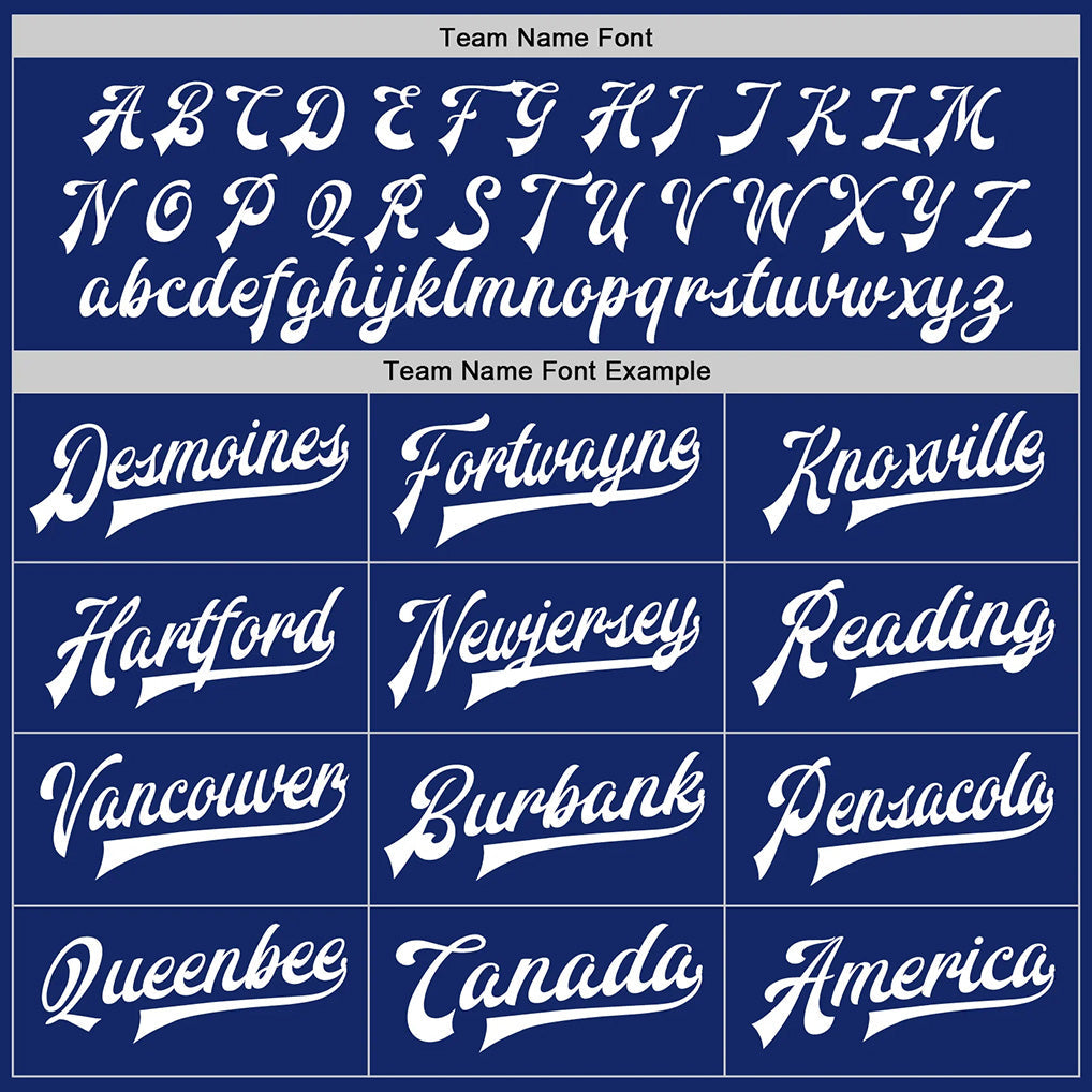 Team name font options for Custom Royal White Varsity Letterman Jacket
