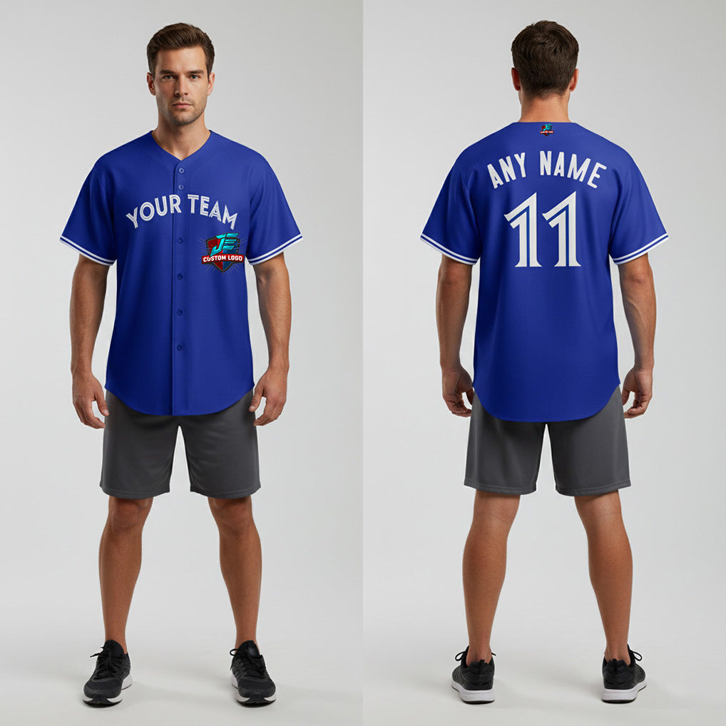 Front and back view of Custom Rush Blue Baseball Jersey with Personalized Name and Number – Athletrio