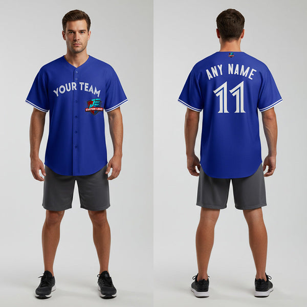 Front and back view of Custom Rush Blue Baseball Jersey with Personalized Name and Number – Athletrio