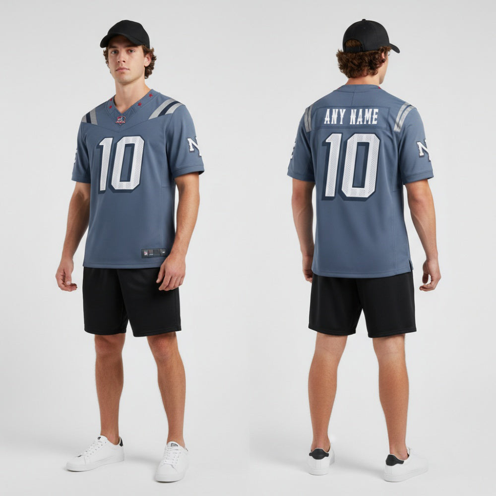 Front and back view of Custom Storm Blue Football Jersey with Personalized Name and Number – Athletrio