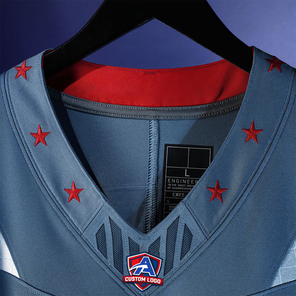 Product details Collar of Custom Storm Blue Football Jersey showing stitched logos, fabric and customization options By Athletrio