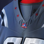 Product details stitched of Custom Storm Blue Football Jersey showing stitched logos, fabric and customization options By Athletrio