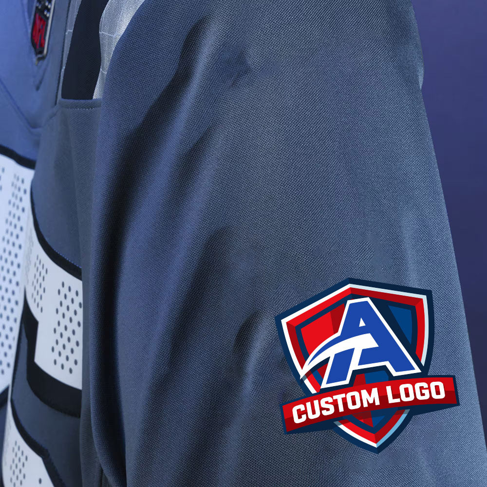 Product details of Custom Storm Blue Football Jersey showing stitched logos, fabric and customization options By Athletrio