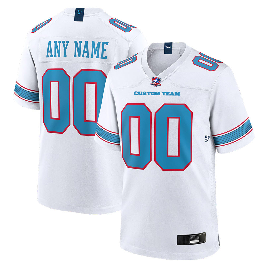 Angled view of Custom Tennessee White Football Jersey – Designed By Athletrio