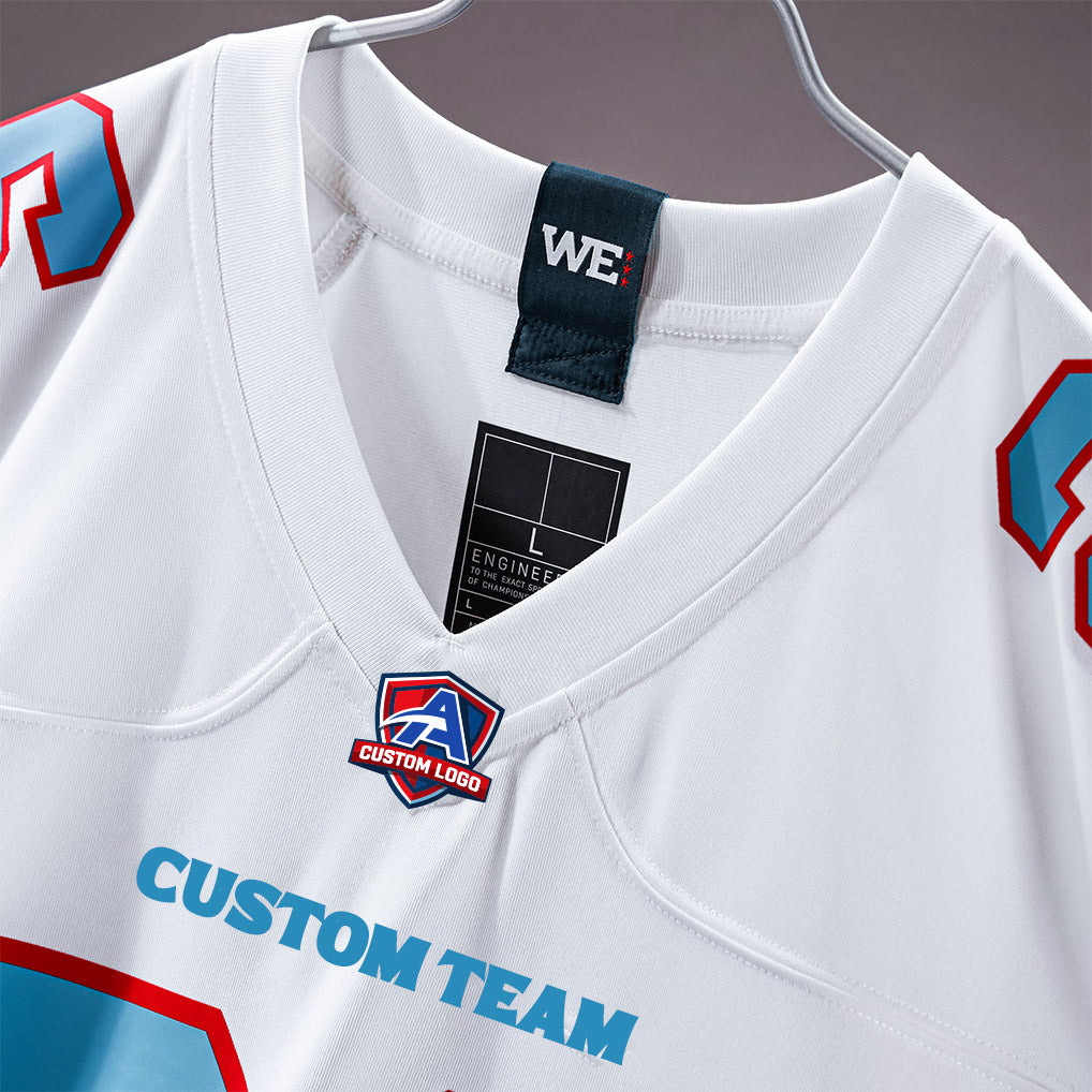 Product details V-neck of Custom Tennessee White Football Jersey showing stitched logos, fabric and customization options By Athletrio
