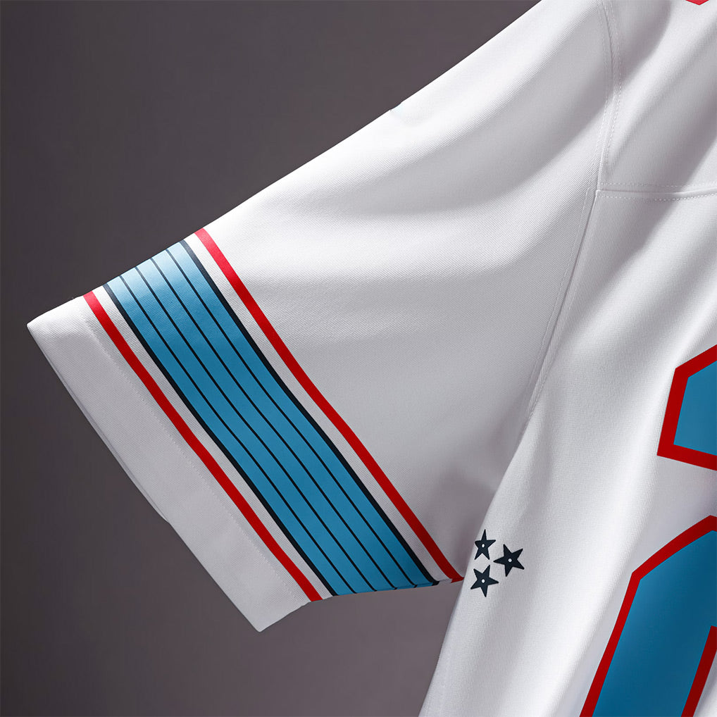 Product details sleeve of Custom Tennessee White Football Jersey showing stitched logos, fabric and customization options By Athletrio