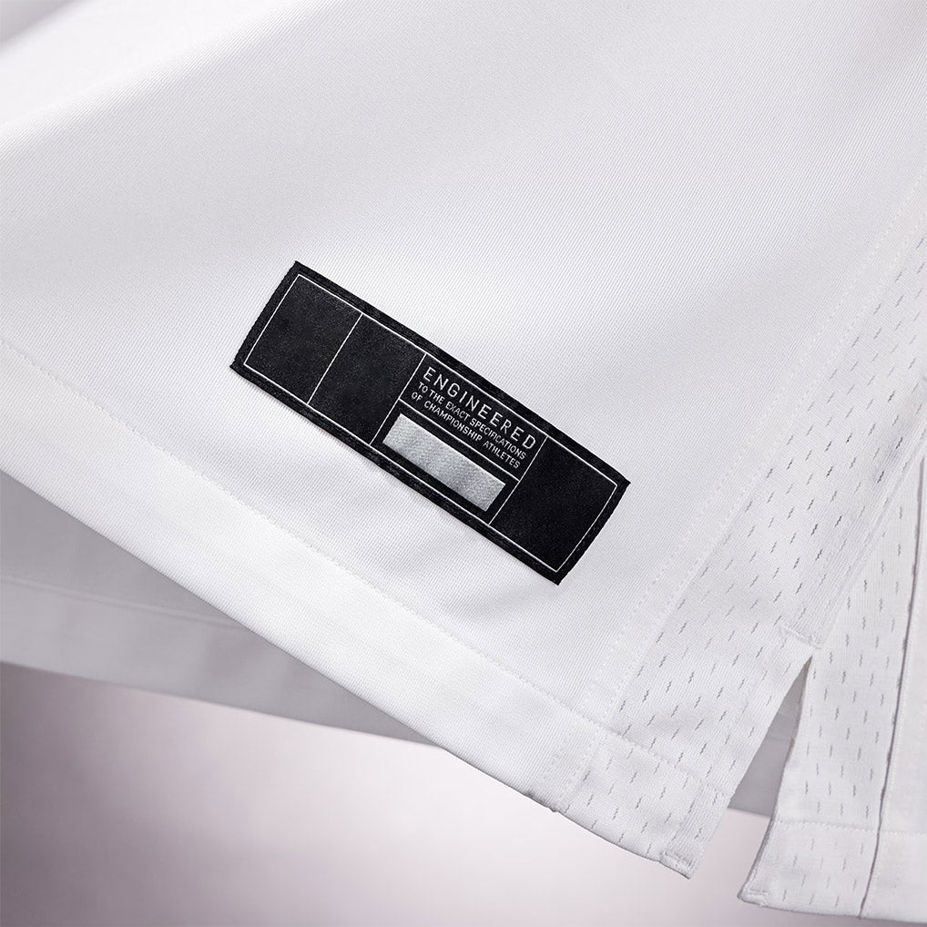 Product details tag of Custom Tennessee White Football Jersey showing stitched logos, fabric and customization options By Athletrio