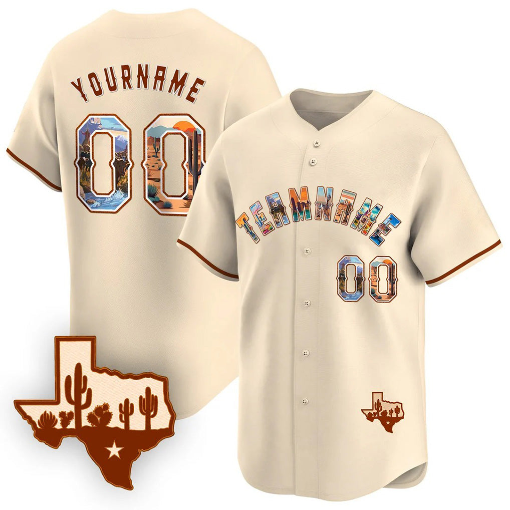 Angled view of Custom Texas Desert Cream Baseball Jersey – Designed By Athletrio