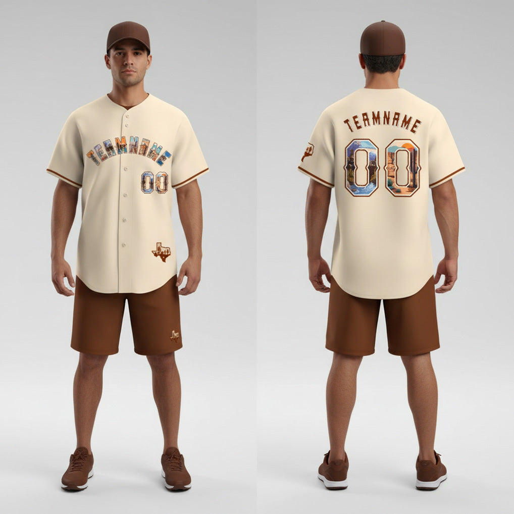 Front and back view of Custom Texas Desert Cream Baseball Jersey with Personalized Name and Number – Athletrio