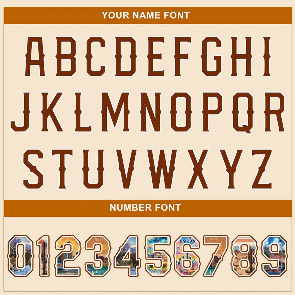 Player name and number font options for Custom Texas Desert Cream Baseball Jersey
