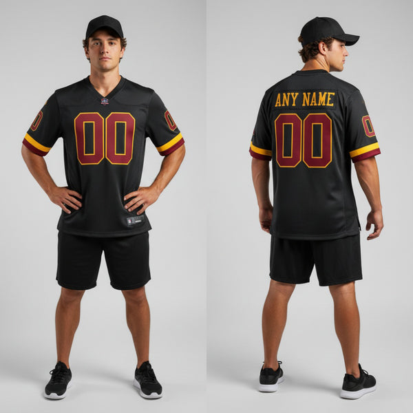 Front and back view of Custom Washington Black Football Jersey with Personalized Name and Number – Athletrio