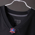 Product details V-neck of Custom Washington Black Football Jersey showing stitched logos, fabric and customization options By Athletrio