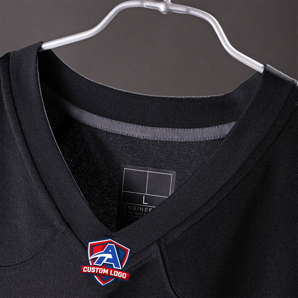 Product details V-neck of Custom Washington Black Football Jersey showing stitched logos, fabric and customization options By Athletrio