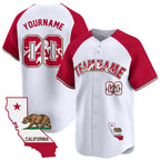 Angled view of Custom White Alternate Red California Map Baseball Jersey – Designed By Athletrio
