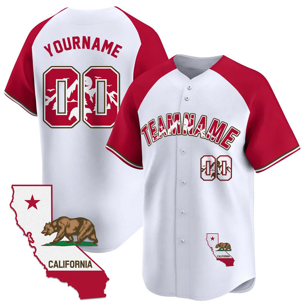 Angled view of Custom White Alternate Red California Map Baseball Jersey – Designed By Athletrio