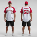 Front and back view of Custom White Alternate Red California Map Baseball Jersey with Personalized Name and Number – Athletrio